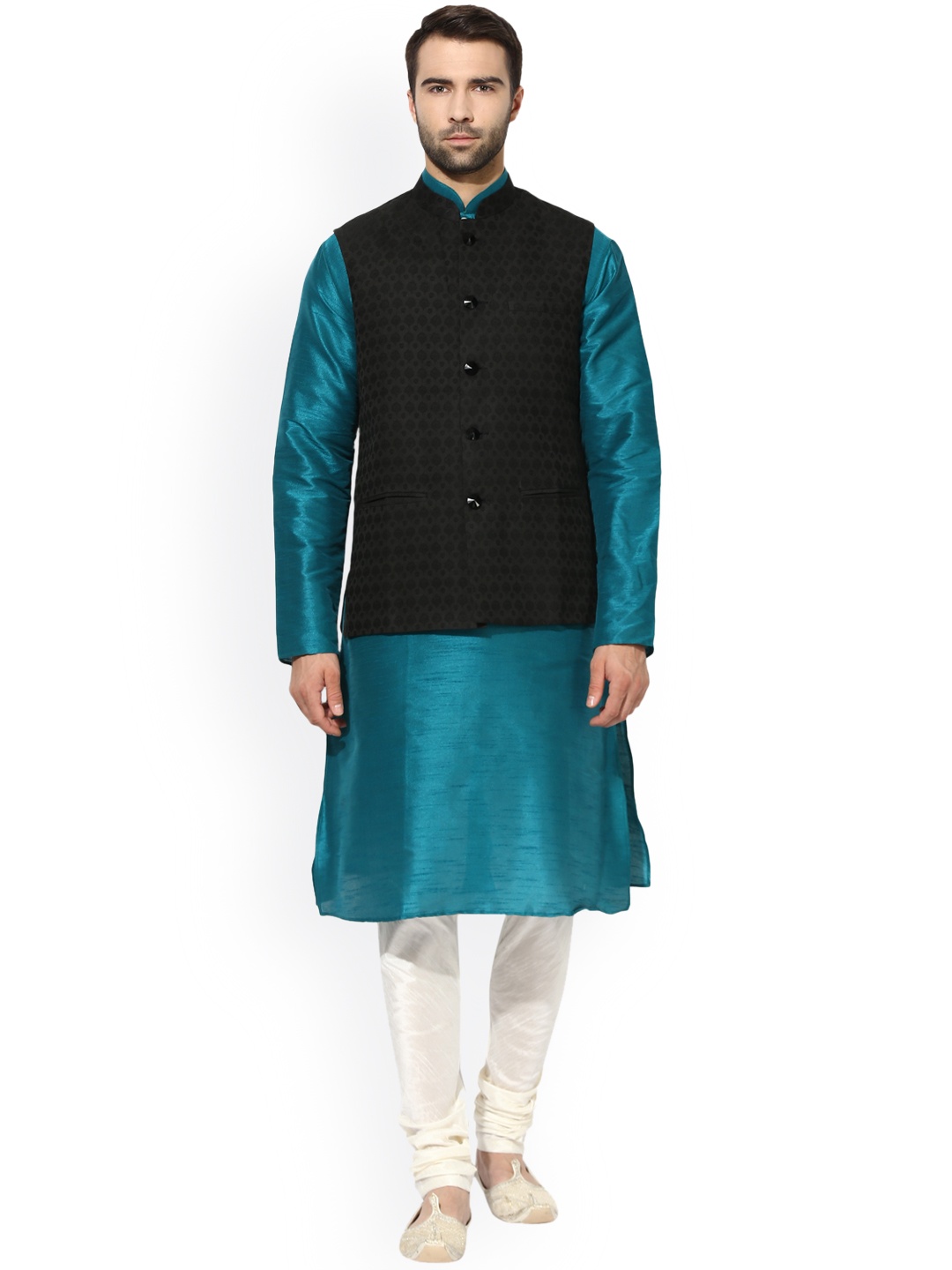 

KISAH Men Teal Green & Black Solid Kurta Churidar with Nehru Jacket