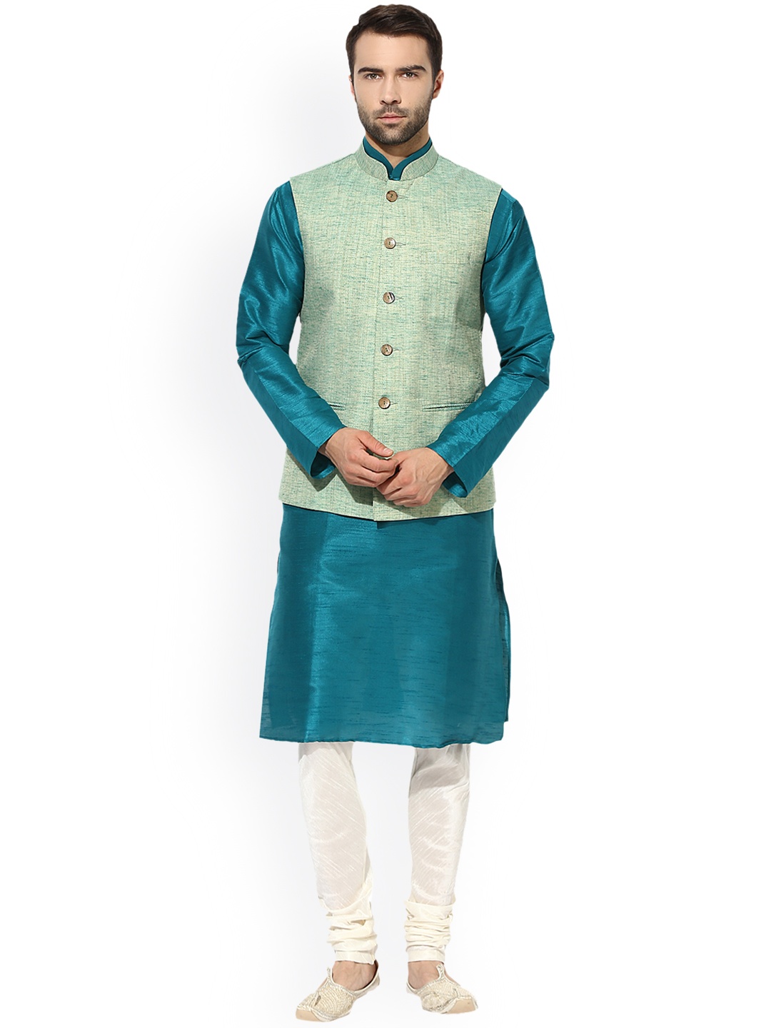 

KISAH Men Teal & Sea Green Solid Kurta Churidar with Nehru Jacket