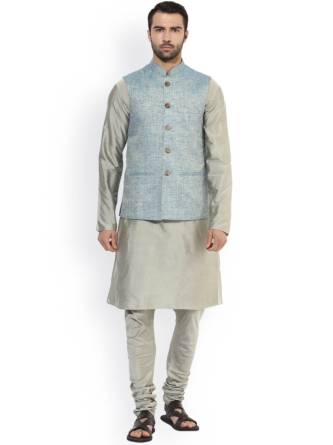 

KISAH Men Grey & Blue Solid Kurta with Churidar and Nehru Jacket