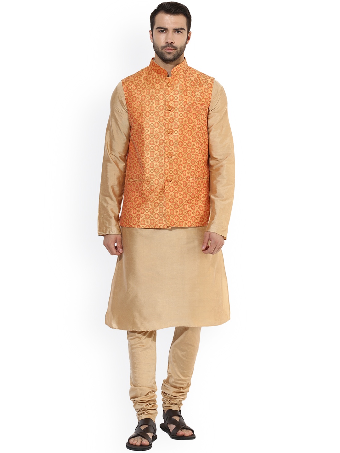 

KISAH Men Beige & Orange Solid Kurta with Churidar and Nehru Jacket