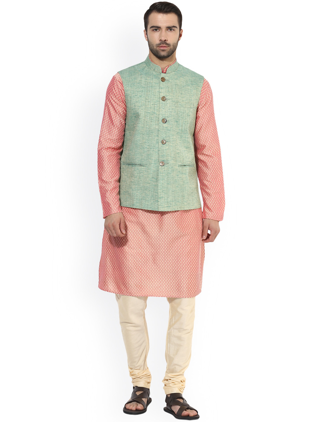 

KISAH Men Pink & Sea Green Self-Design Kurta with Churidar & Nehru Jacket