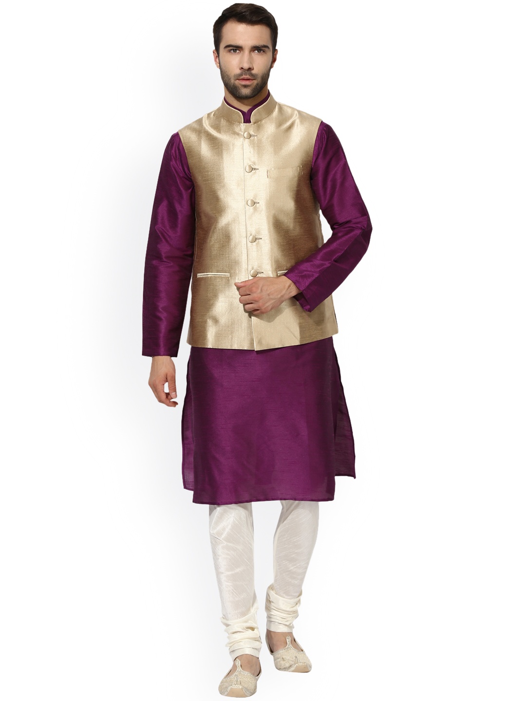 

KISAH Men Purple & Beige Self-Design Kurta Churidar with Nehru Jacket