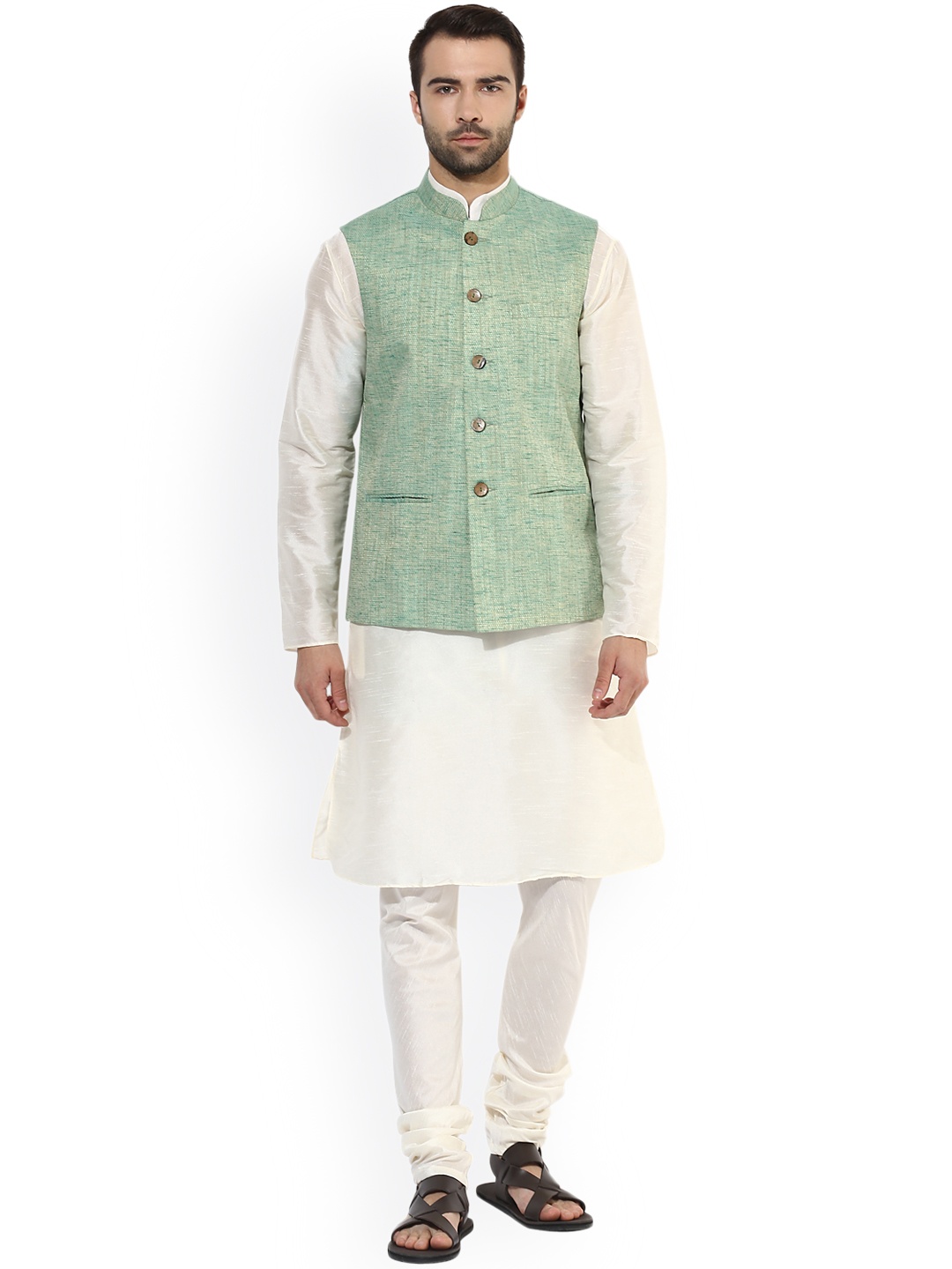 

KISAH Men Cream-Coloured & Sea Green Self-Design Kurta with Churidar & Nehru Jacket