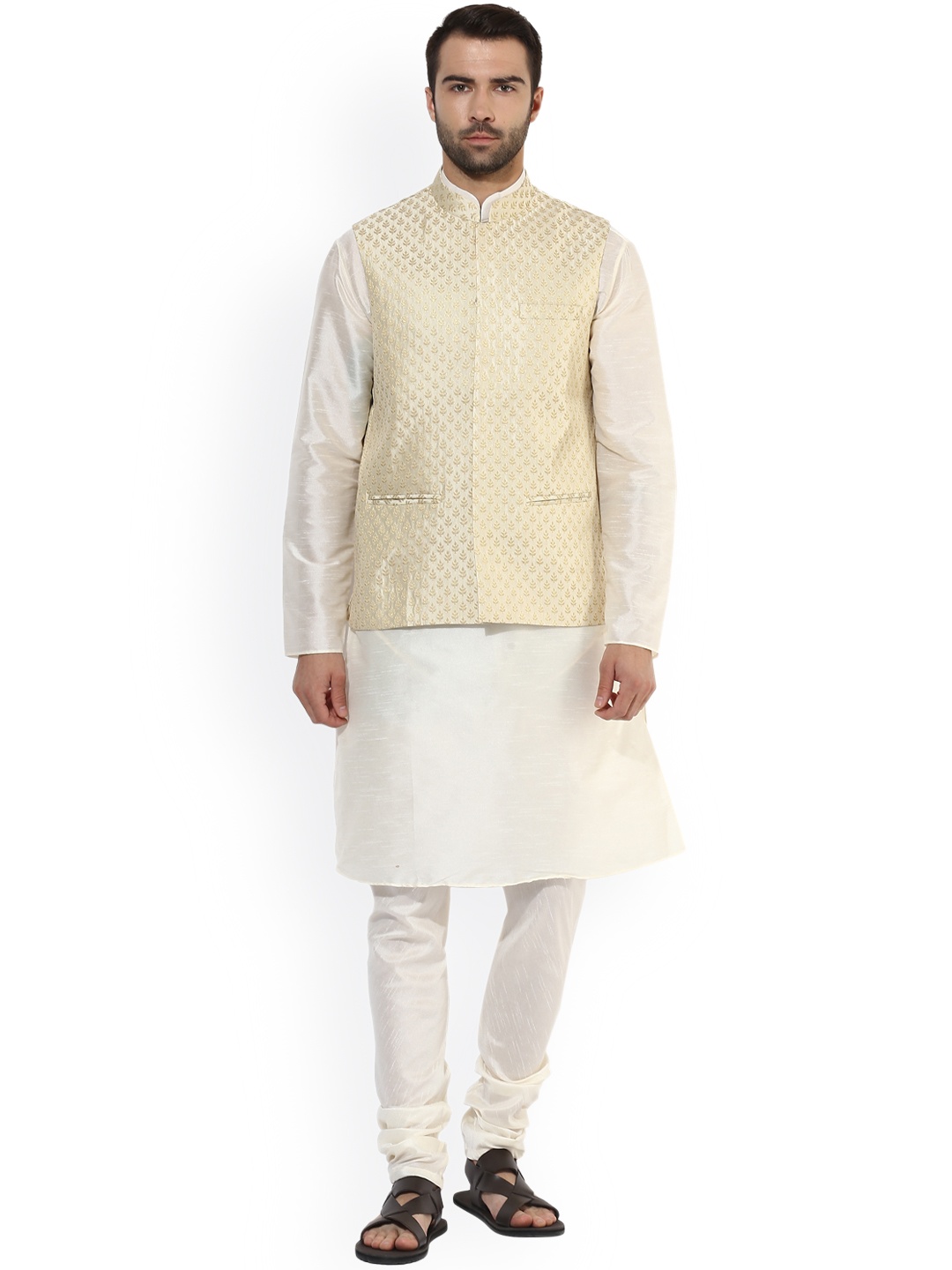 

KISAH Men Off-White & Cream-Coloured Self-Design Kurta with Churidar & Nehru Jacket