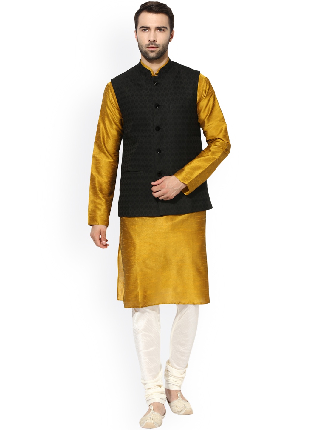 

KISAH Men Gold-Toned & Black Solid Kurta Churidar with Nehru Jacket