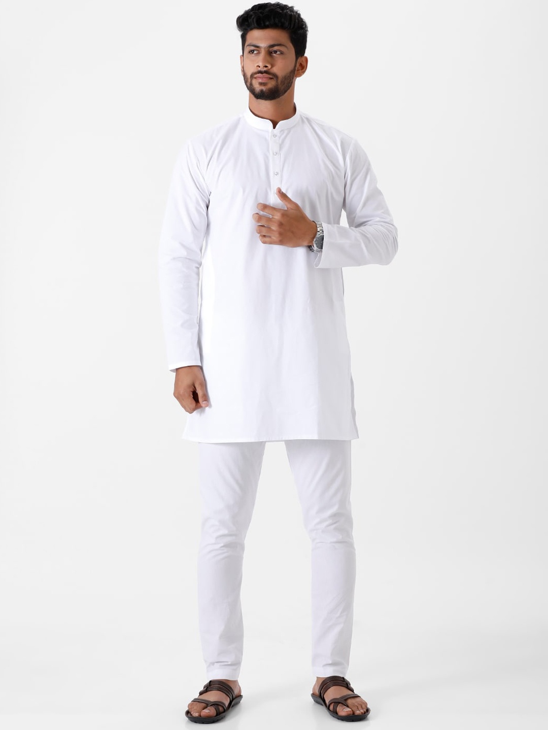 

Ramraj Mandarin Collar Pure Cotton Kurta with Trousers, White