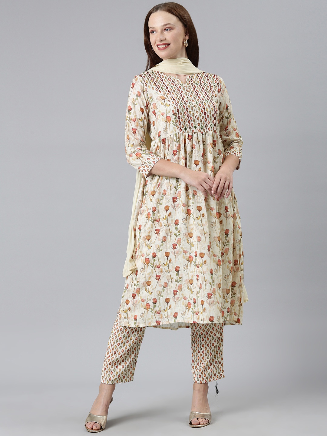 

Rani Saahiba Floral Printed Pleated Beads & Stones Kurta with Trousers & With Dupatta, Cream