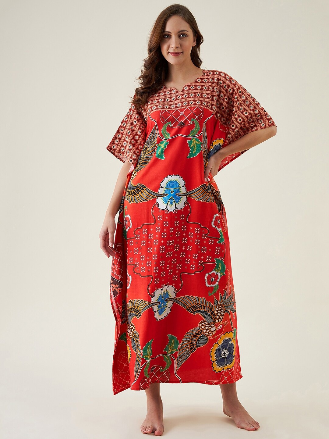 

The Kaftan Company Ethnic Motifs Printed Pure Cotton Maxi Kaftan Nightdress, Red