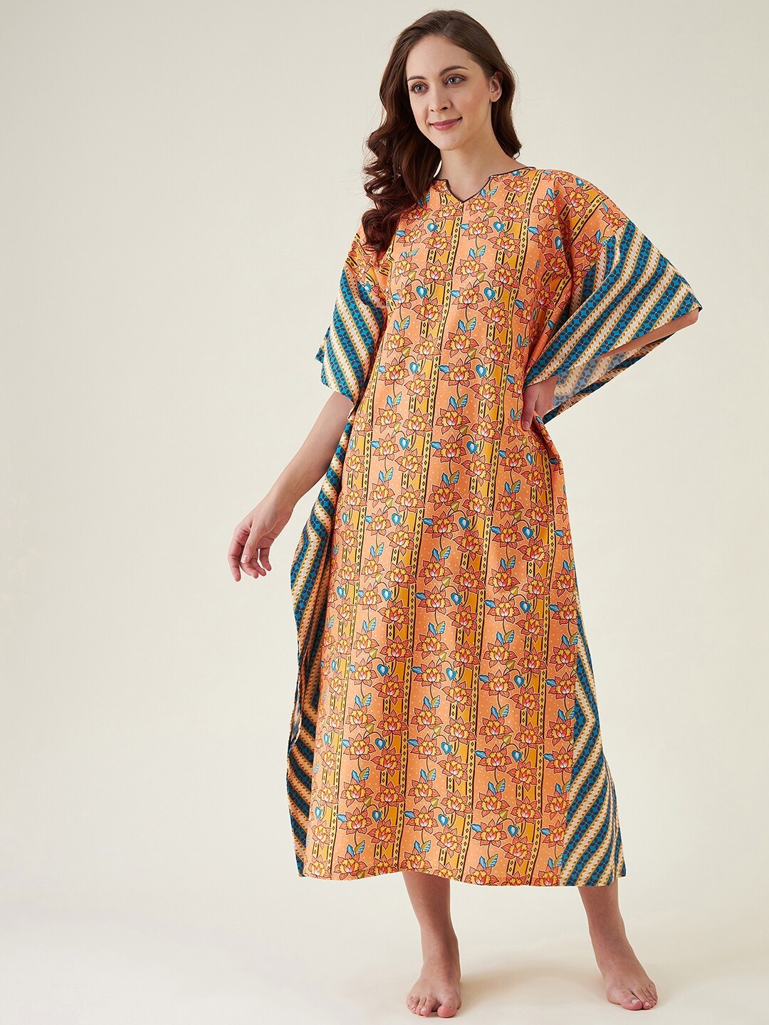 

The Kaftan Company Floral Printed Pure Cotton Maxi Kaftan Nightdress, Peach