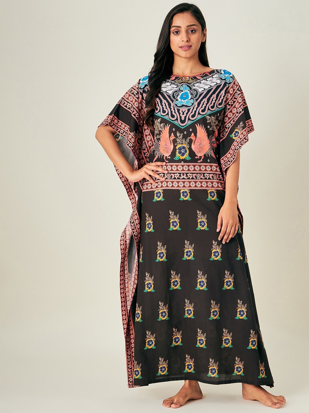 

The Kaftan Company Ethnic Motifs Printed Pure Cotton Maxi Kaftan Nightdress, Black