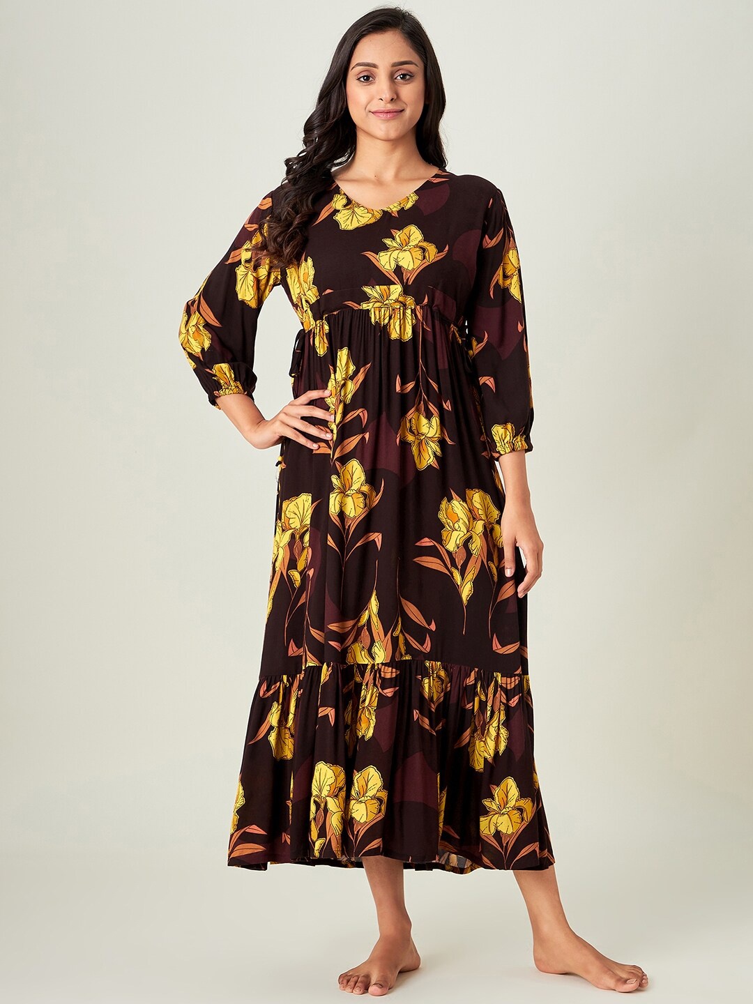 

The Kaftan Company Floral Printed Nightdress, Brown