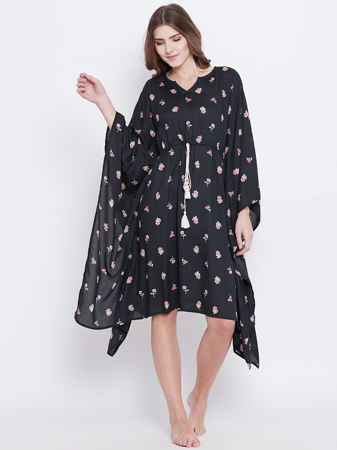 

The Kaftan Company Floral Printed Kaftan Nightdress, Black