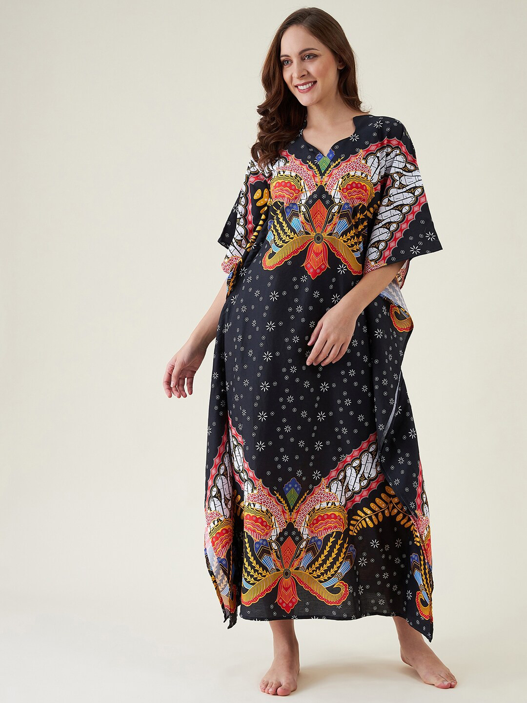 

The Kaftan Company Ethnic Motifs Printed Pure Cotton Maxi Kaftan Nightdress, Black