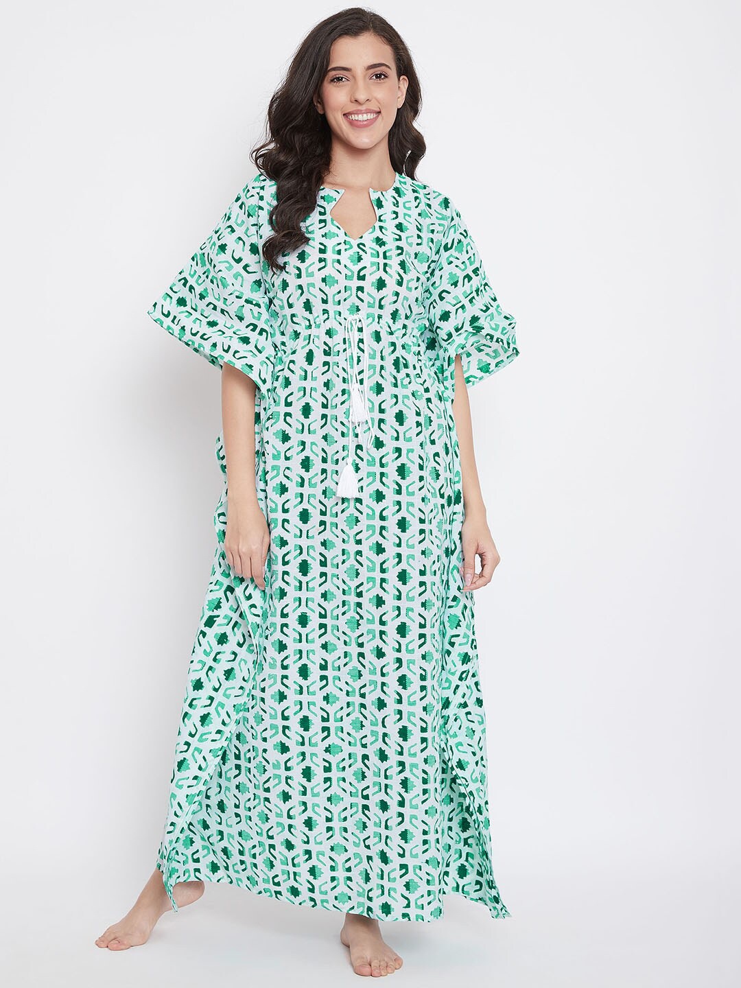 

The Kaftan Company Ethnic Motifs Printed Pure Cotton Maxi Kaftan Nightdress, Green
