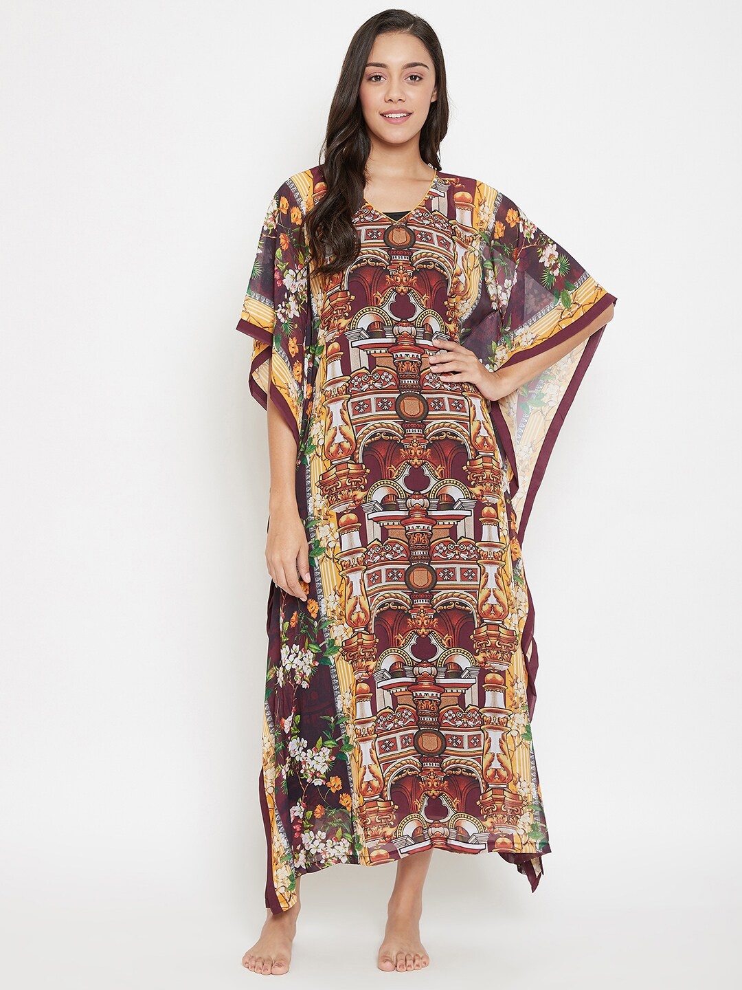 

The Kaftan Company Ethnic Motifs Printed Pure Cotton Maxi Kaftan Nightdress, Maroon