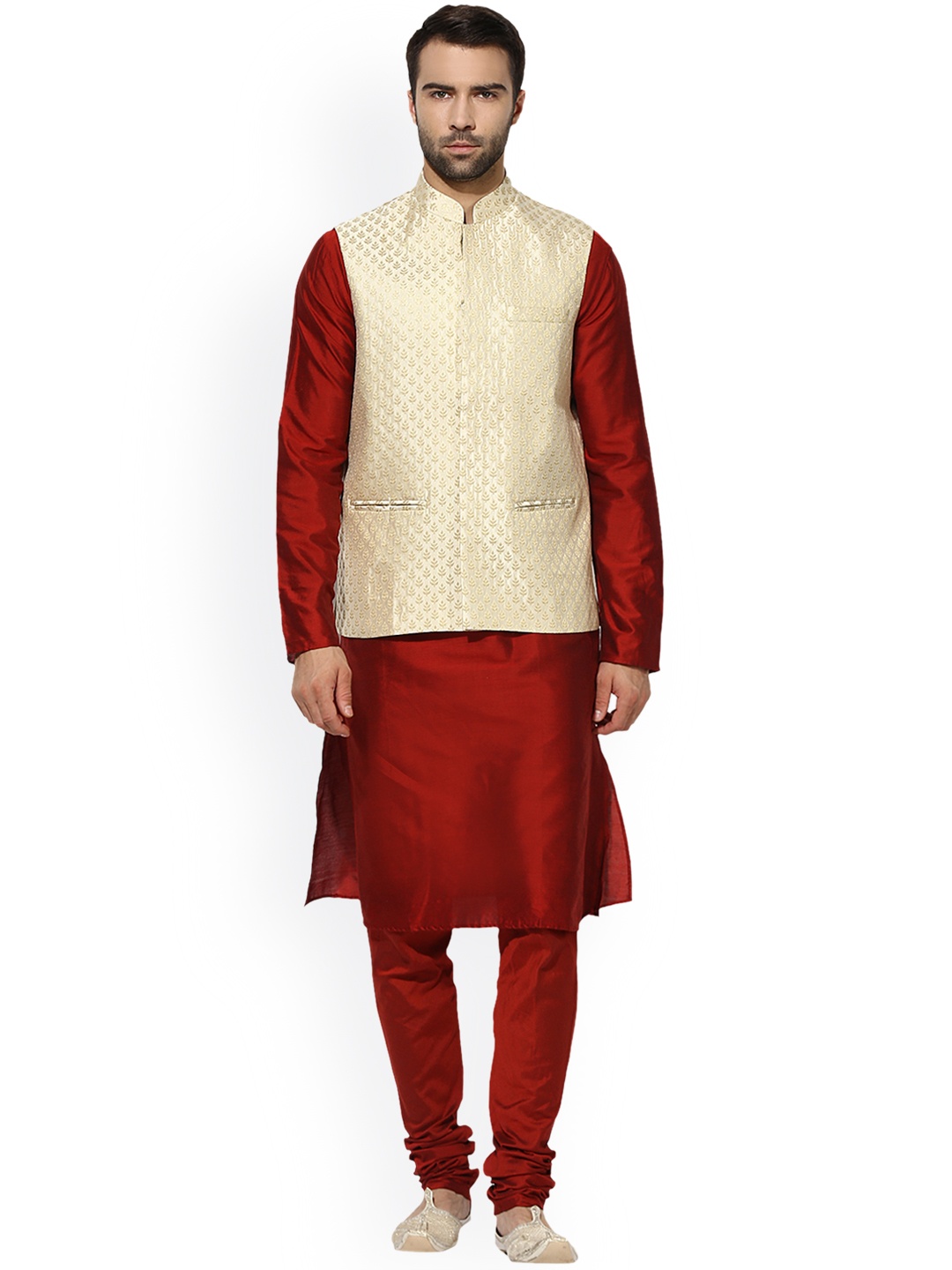 

KISAH Men Red & Beige Solid Kurta Churidar with Nehru Jacket