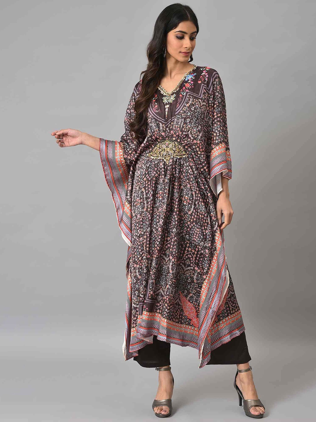 

W Ethnic Motifs Printed Beads & Stones Kaftan Kurta with Trousers, Brown