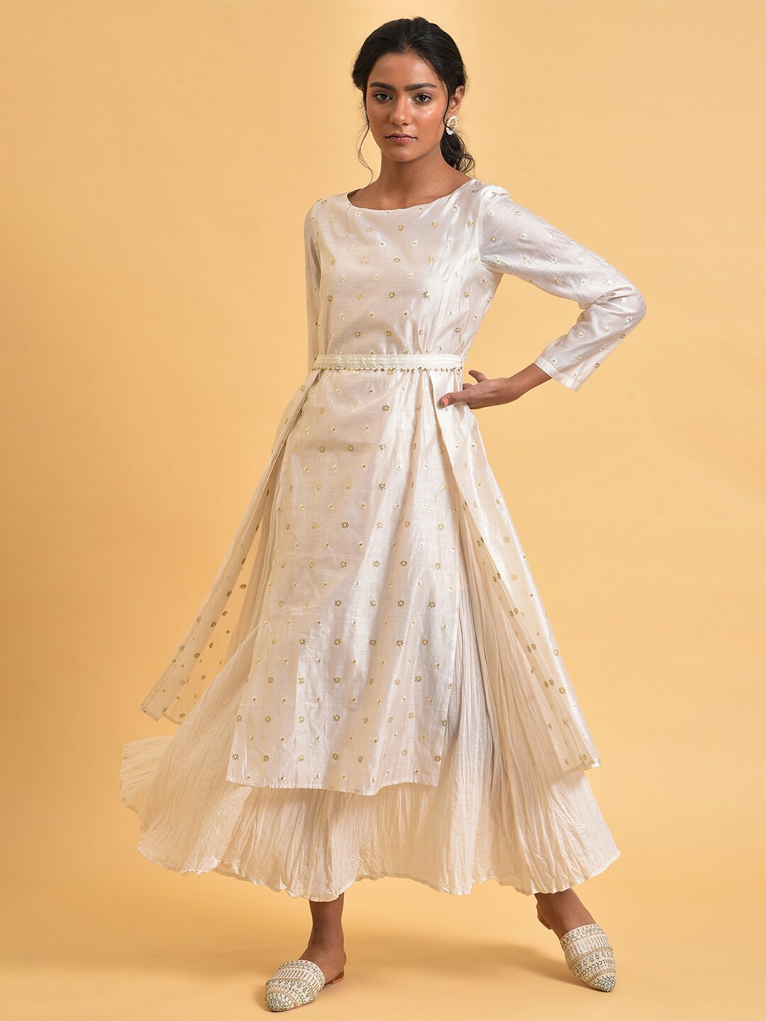 

W Floral Embroidered Ethnic A-Line Maxi Dress, Off white