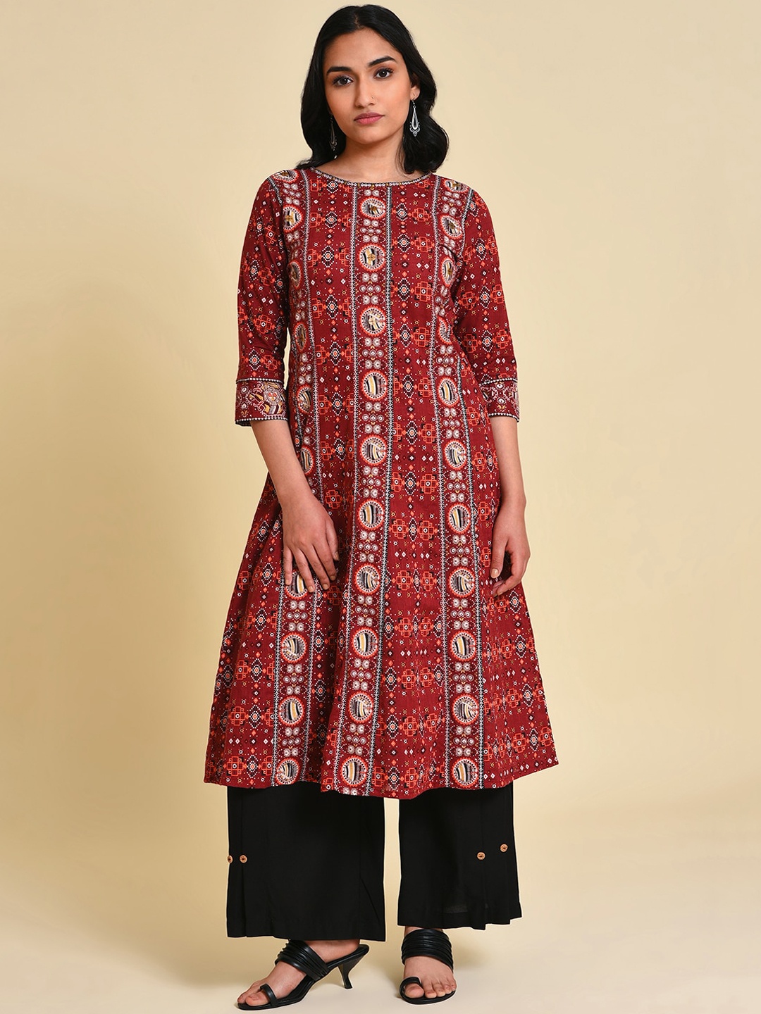 

W Ethnic Motifs Printed Sequined A-Line Cotton Kurta, Maroon