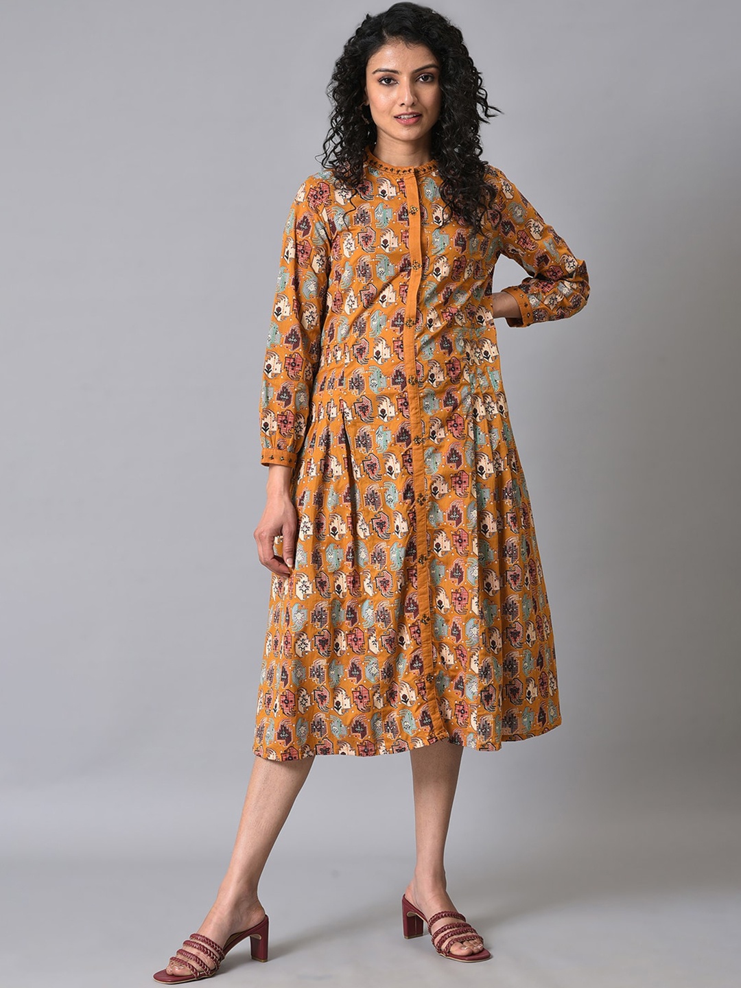 

W Ethnic Motifs Printed Pleated Midi Cotton Ethnic Dress, Mustard