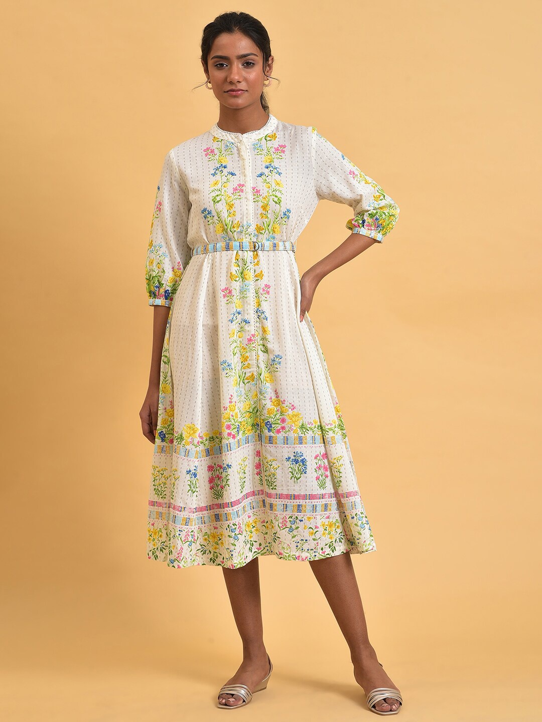 W Plus Size Floral Printed Shirt Style Midi Ethnic Dress, White