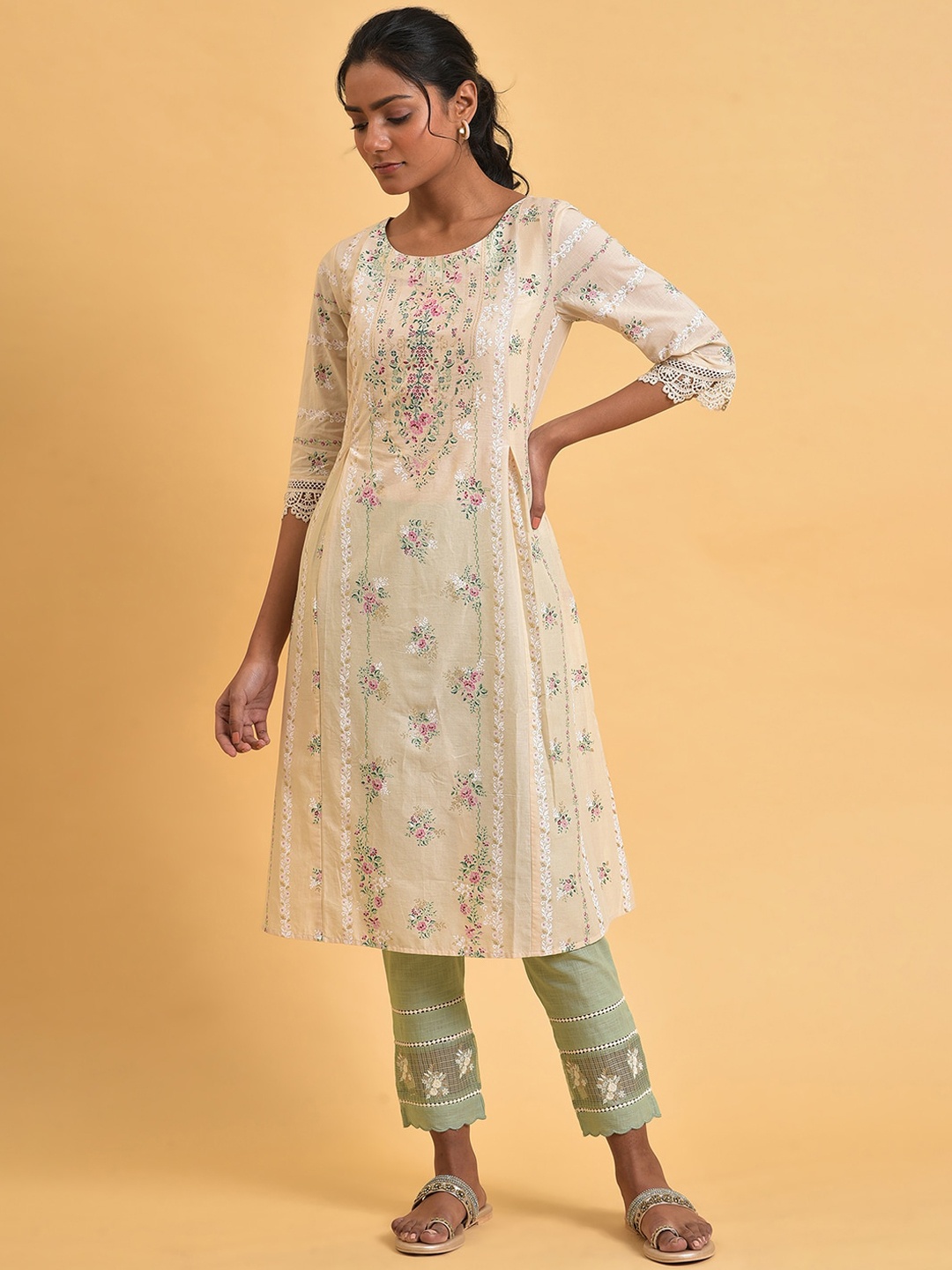 

W Floral Printed Round Neck Pure Cotton A-Line Kurta, Beige
