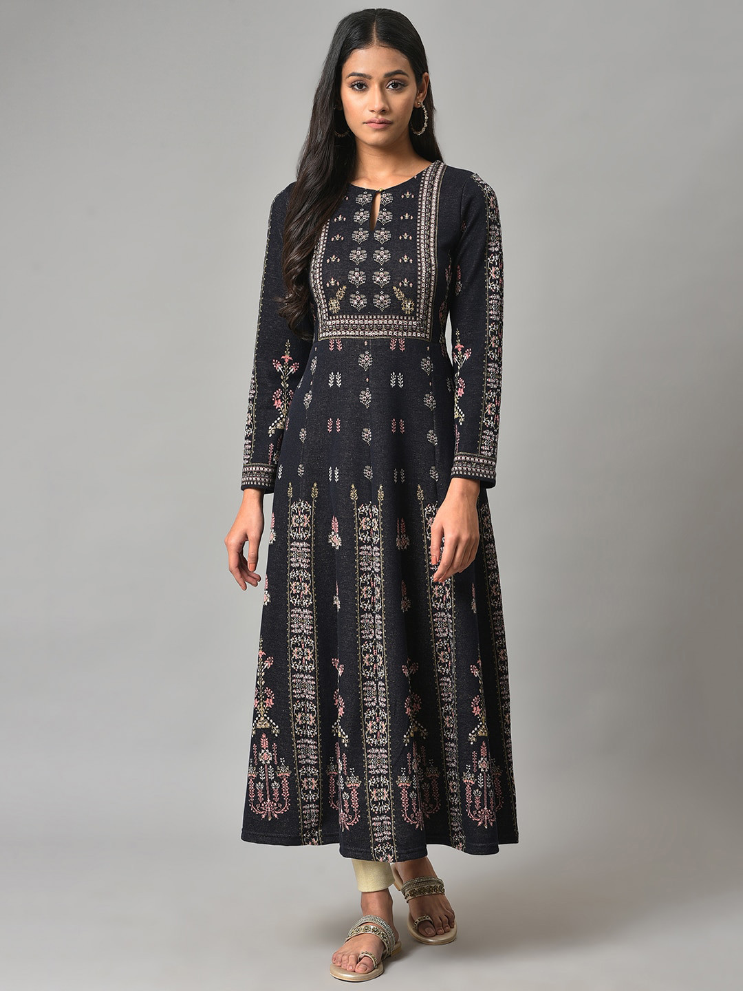 

W Plus Size Ethnic Motifs Printed Keyhole Neck Panelled Anarkali Kurta, Navy blue