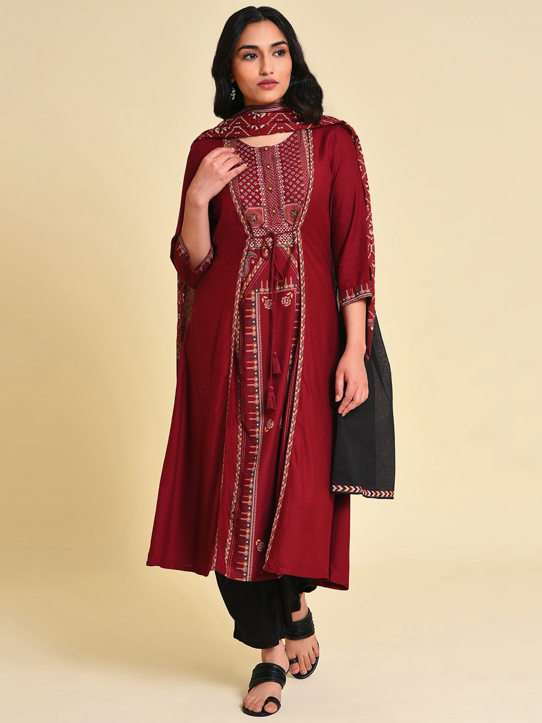

W Ethnic Motifs Printed Bead Work A-Line Kurta, Maroon