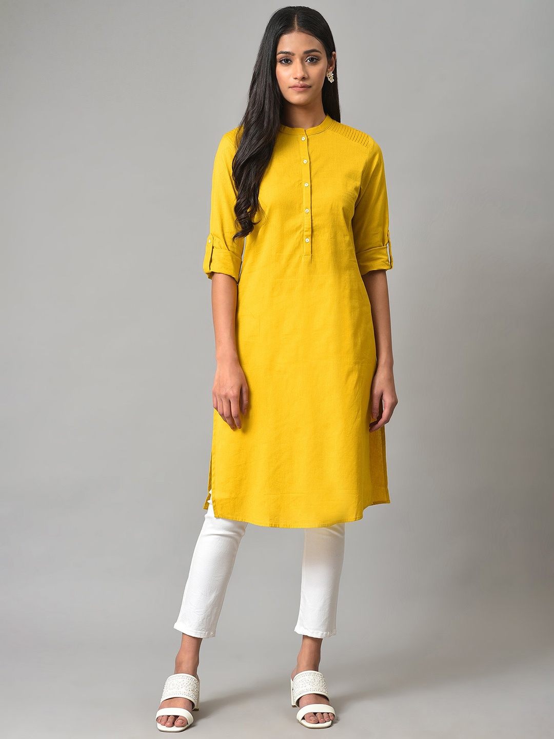 

W Roll-Up Sleeves Mandarin Collar Straight Kurta, Yellow