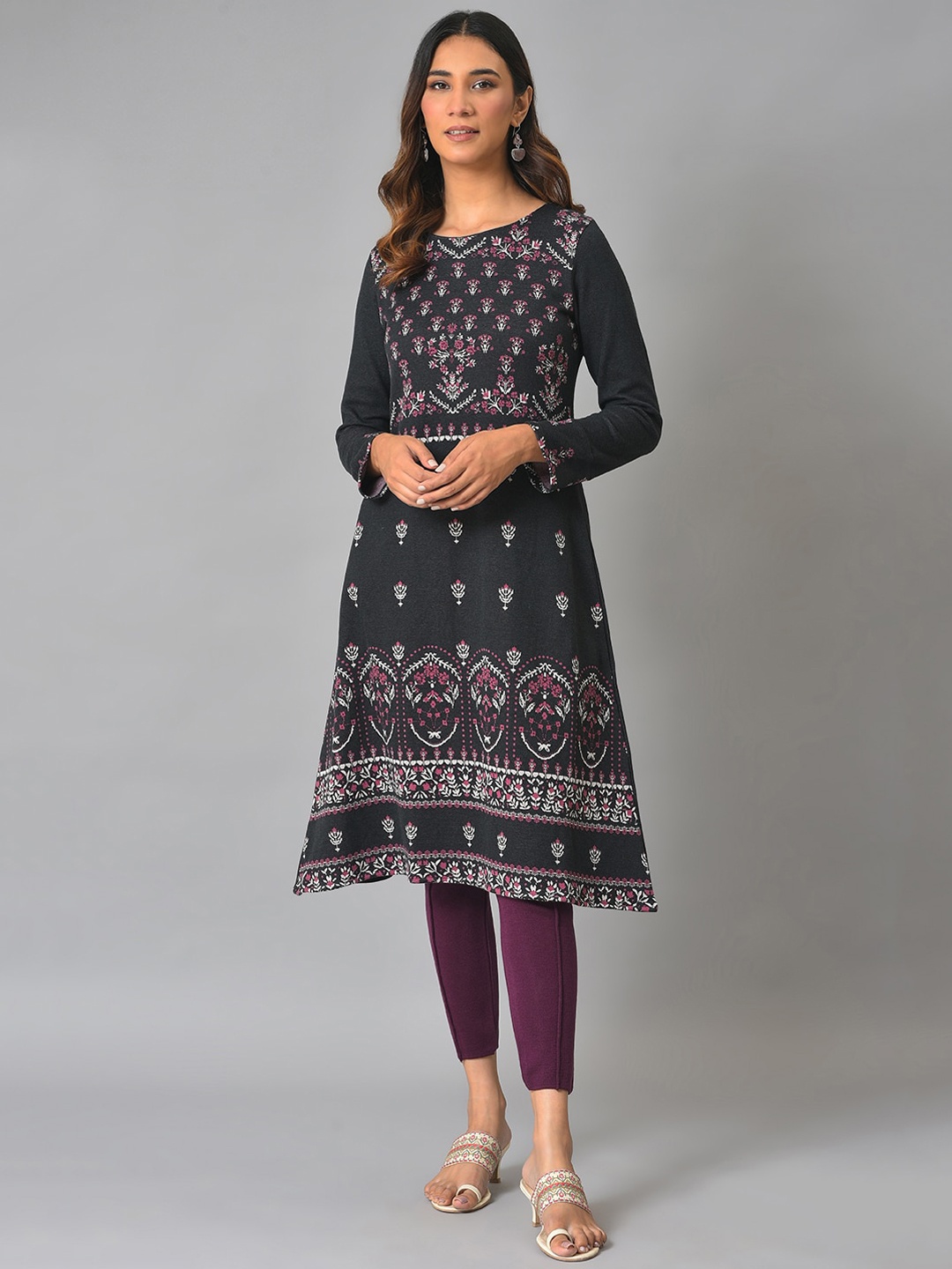 

W Floral Printed A-Line Kurta, Black