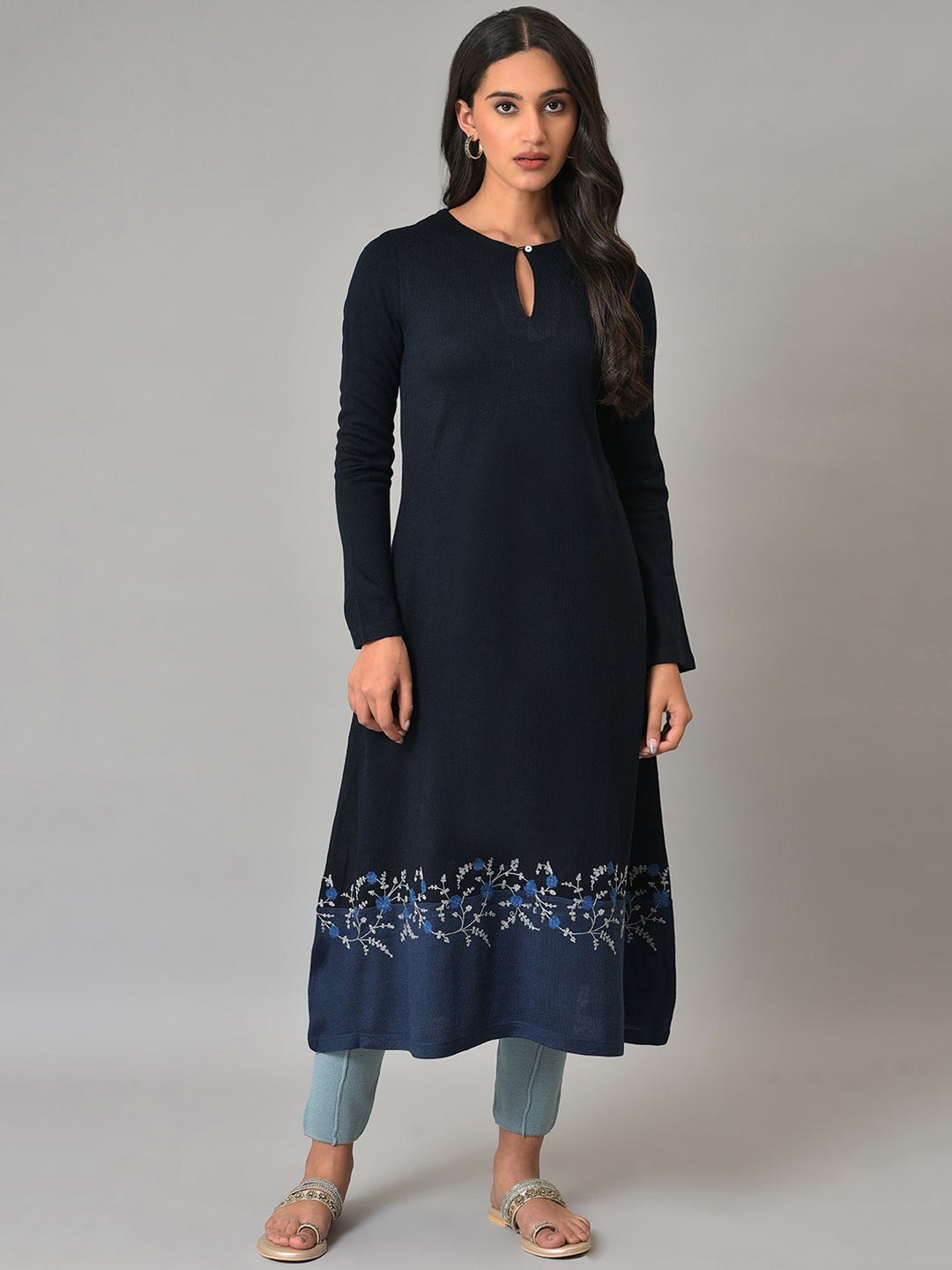 

W Keyhole Neck Floral Embroidered A-Line Acrylic Kurta, Navy blue