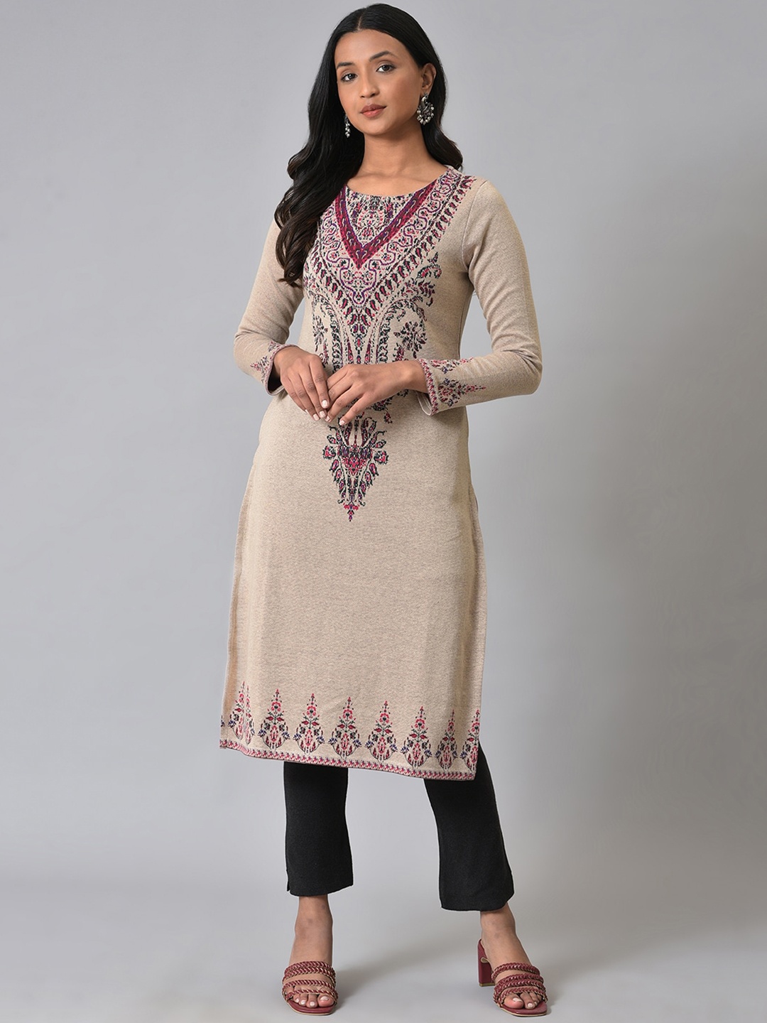 

W Woven Design Round Neck Straight Kurta, Beige