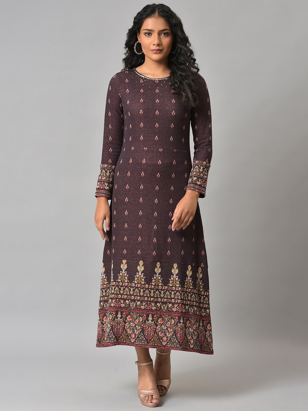 

W Plus Size Ethnic Motifs Printed Sequinned Ethnic Maxi Dress, Purple