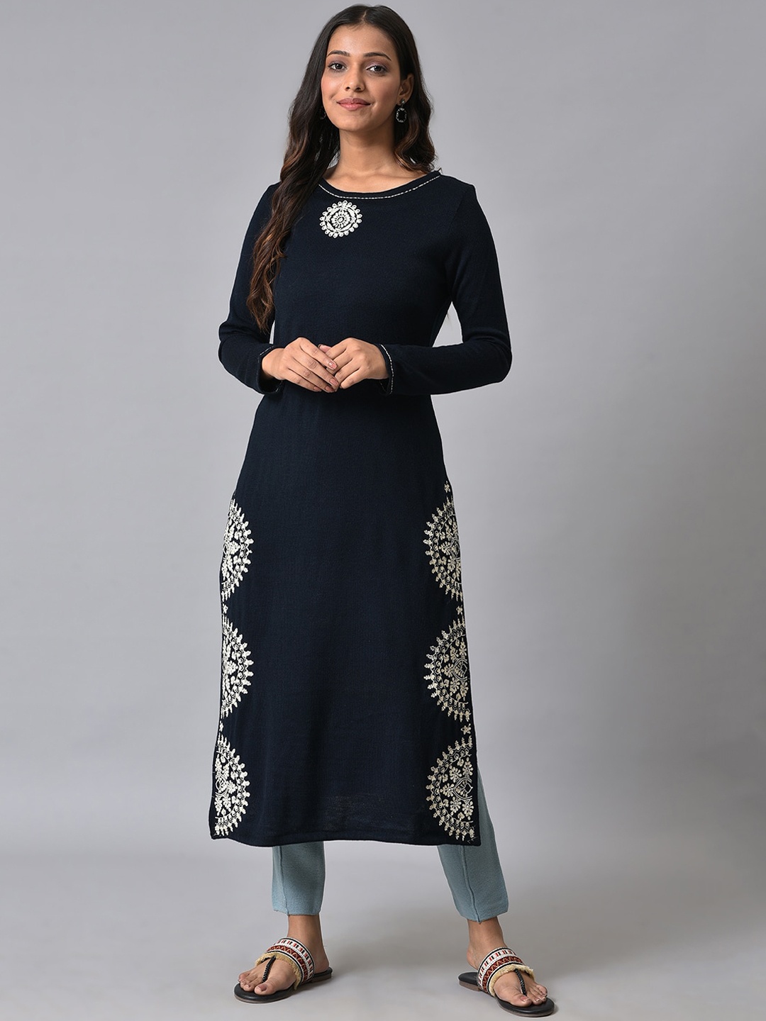

W Ethnic Motifs Printed Round Neck Acrylic Kurta, Blue