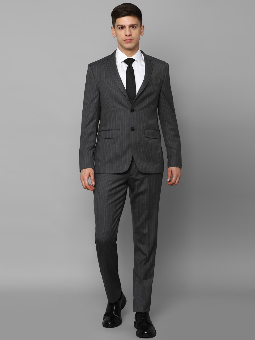 

Luxure by Louis Philippe Men Striped Slim-Fit Single-Breasted Woollen Two-Piece Formal Suit, Grey