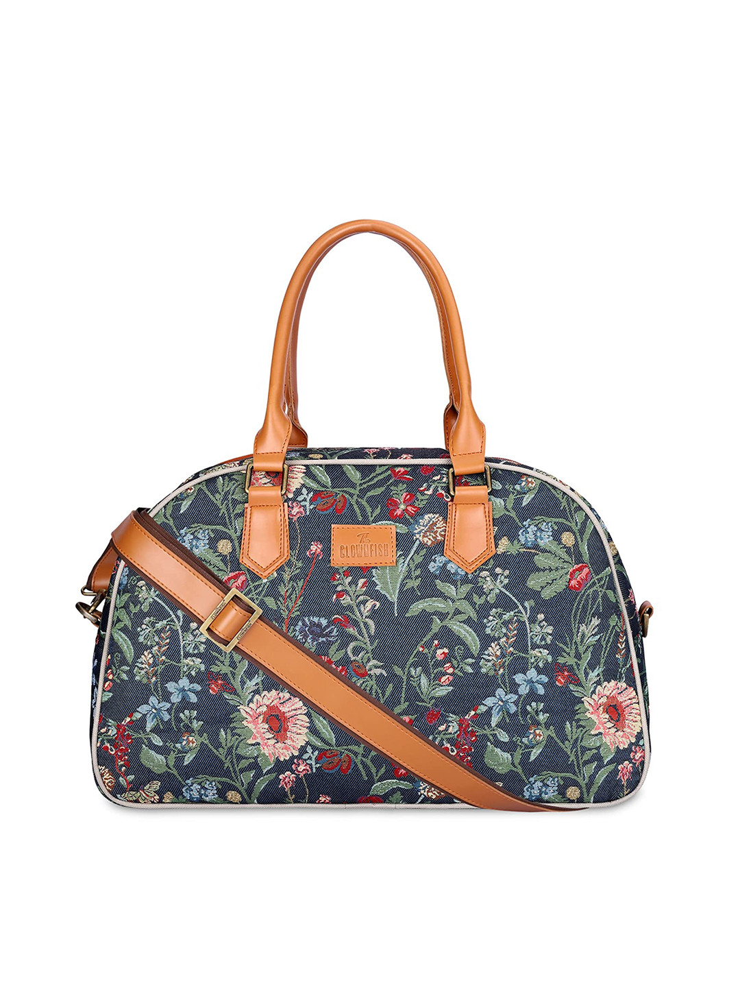 

THE CLOWNFISH Ziana Floral Printed Tapestry & Faux Leather Duffel Bag, Navy blue