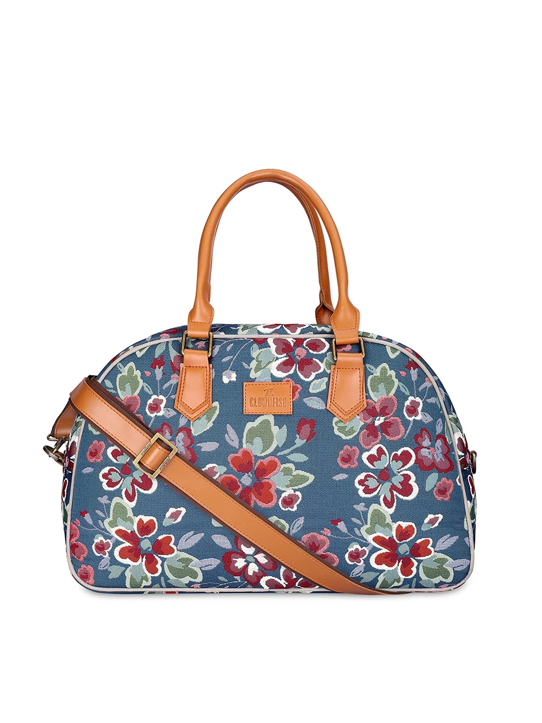 

THE CLOWNFISH Floral Printed Tapestry & Faux Leather Duffel Bag, Blue