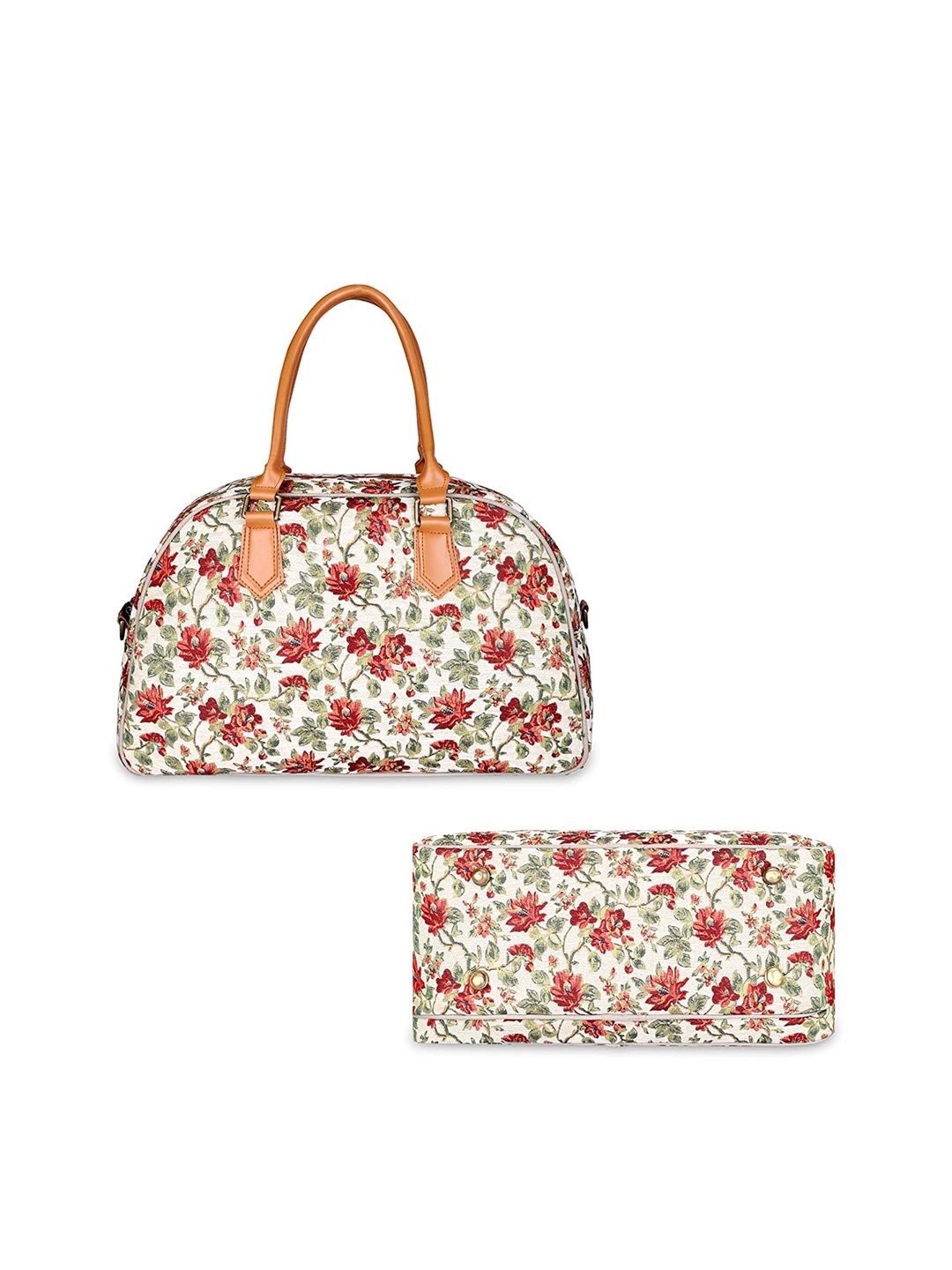 

THE CLOWNFISH Ziana Floral Printed Tapestry & Faux Leather Duffel Bag, Off white
