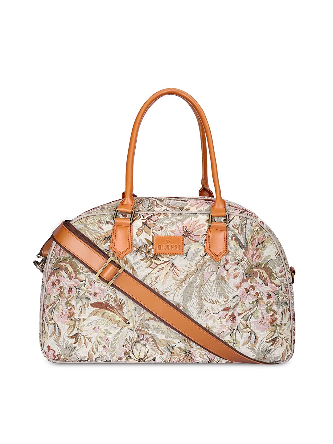 

THE CLOWNFISH Ziana Floral Printed Tapestry & Faux Leather Duffel Bag, Beige