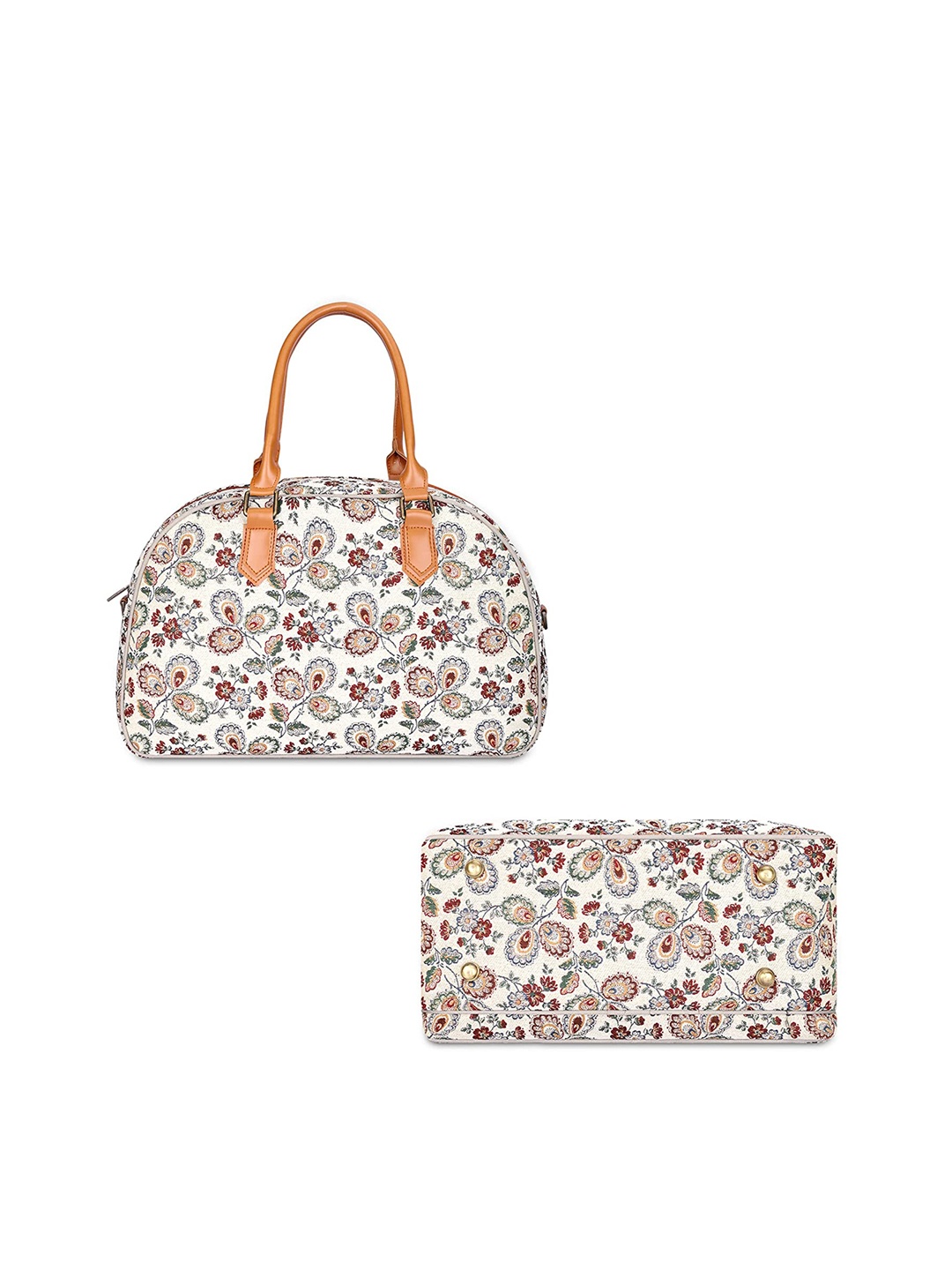 

THE CLOWNFISH Ziana Floral Printed Tapestry & Faux Leather Duffel Bag, Coffee brown
