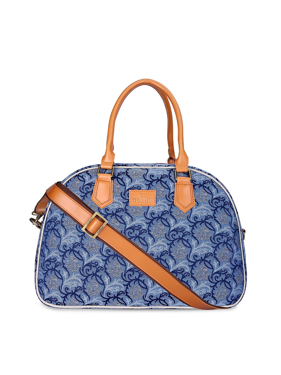 

THE CLOWNFISH Ziana Floral Printed Tapestry & Faux Leather Duffel Bag, Blue