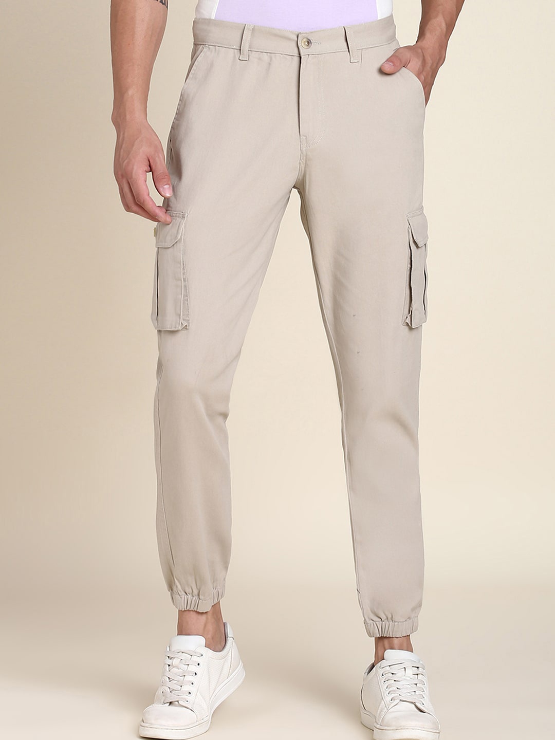 

Dennis Lingo Men Cotton Comfort Plain Slim Fit Cargo Joggers, Beige
