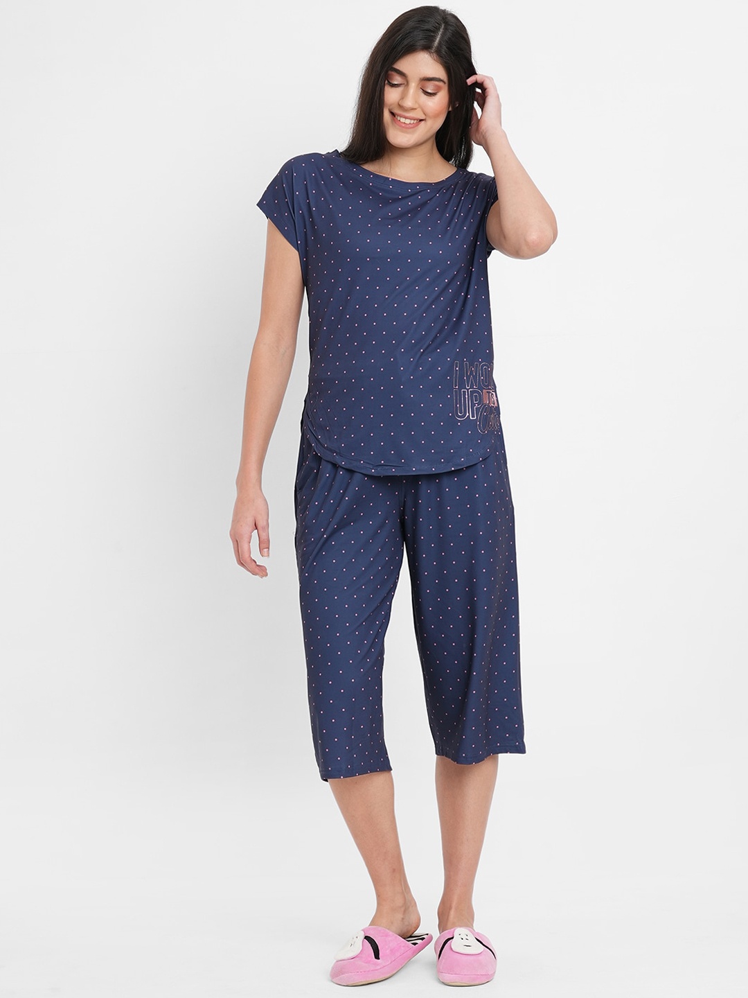 

Sweet Dreams Polka Dots Printed Pure Cotton Night Suit, Navy blue