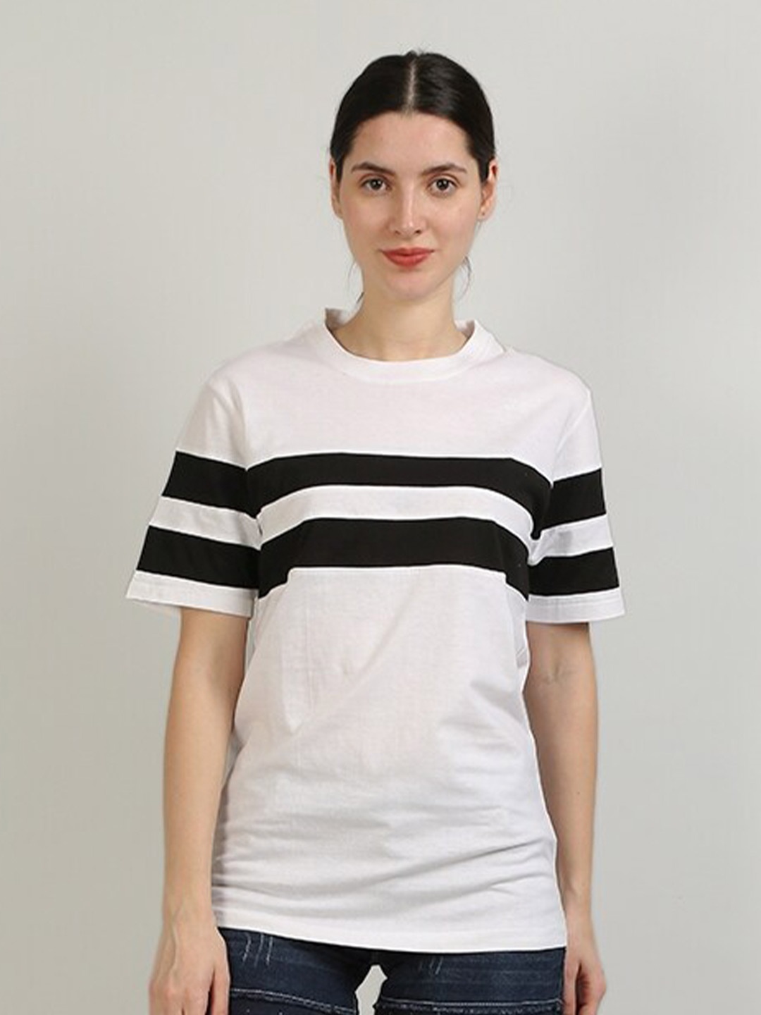 

Kushi Flyer Striped Round Neck Cotton T-shirt, White