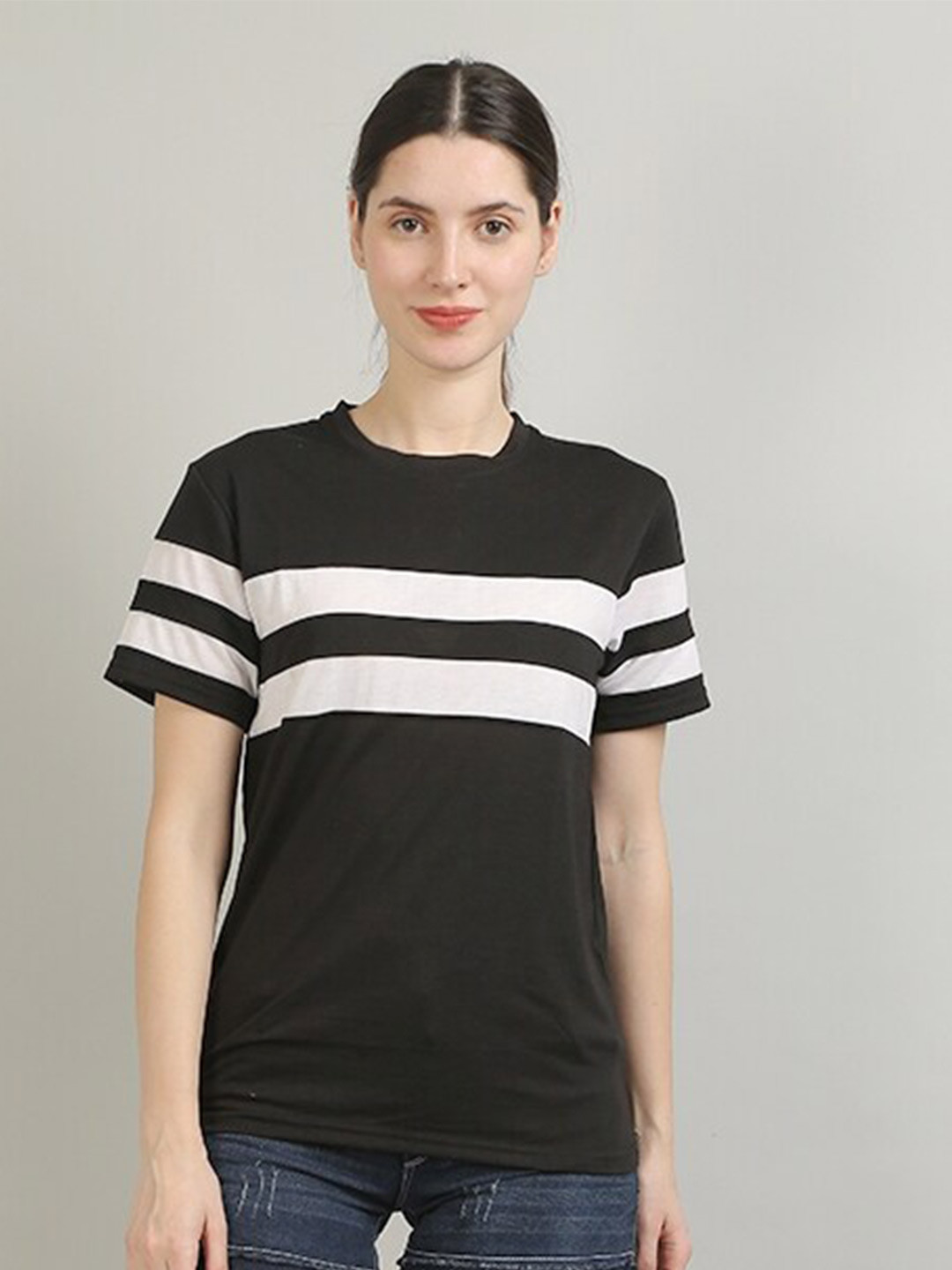 

Kushi Flyer Striped Round Neck Cotton T-shirt, Black