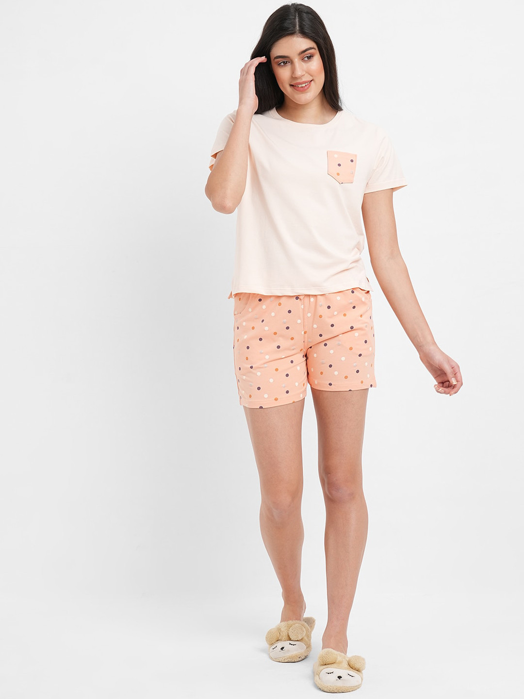 

Sweet Dreams Polka Dots Printed Night Suit, Peach