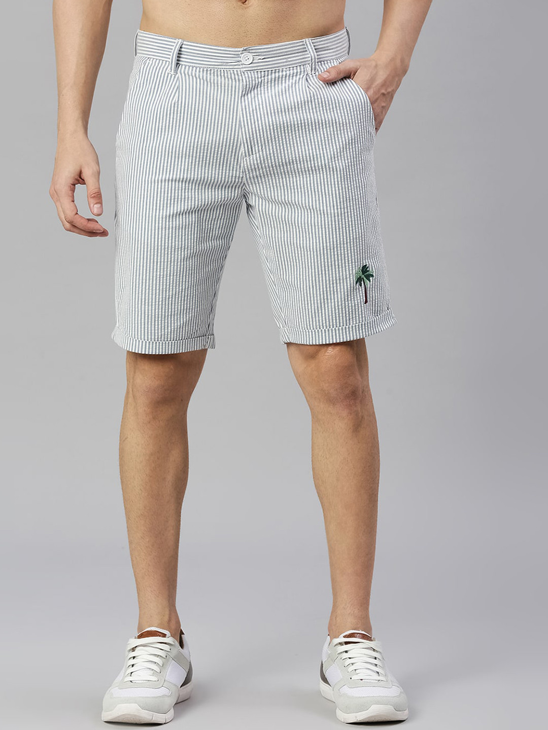 

Thomas Scott Men Striped Cotton Slim Fit Knee Length Shorts, Blue