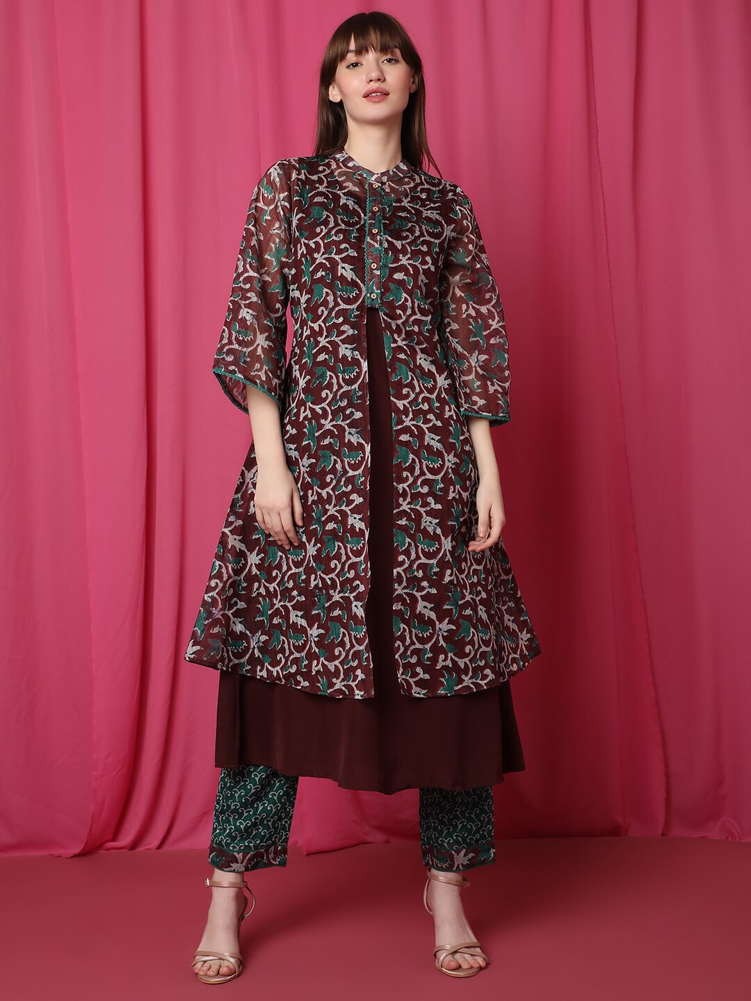

Indifusion Ethnic Motifs Printed Layered A-Line Kurta with Trousers, Maroon