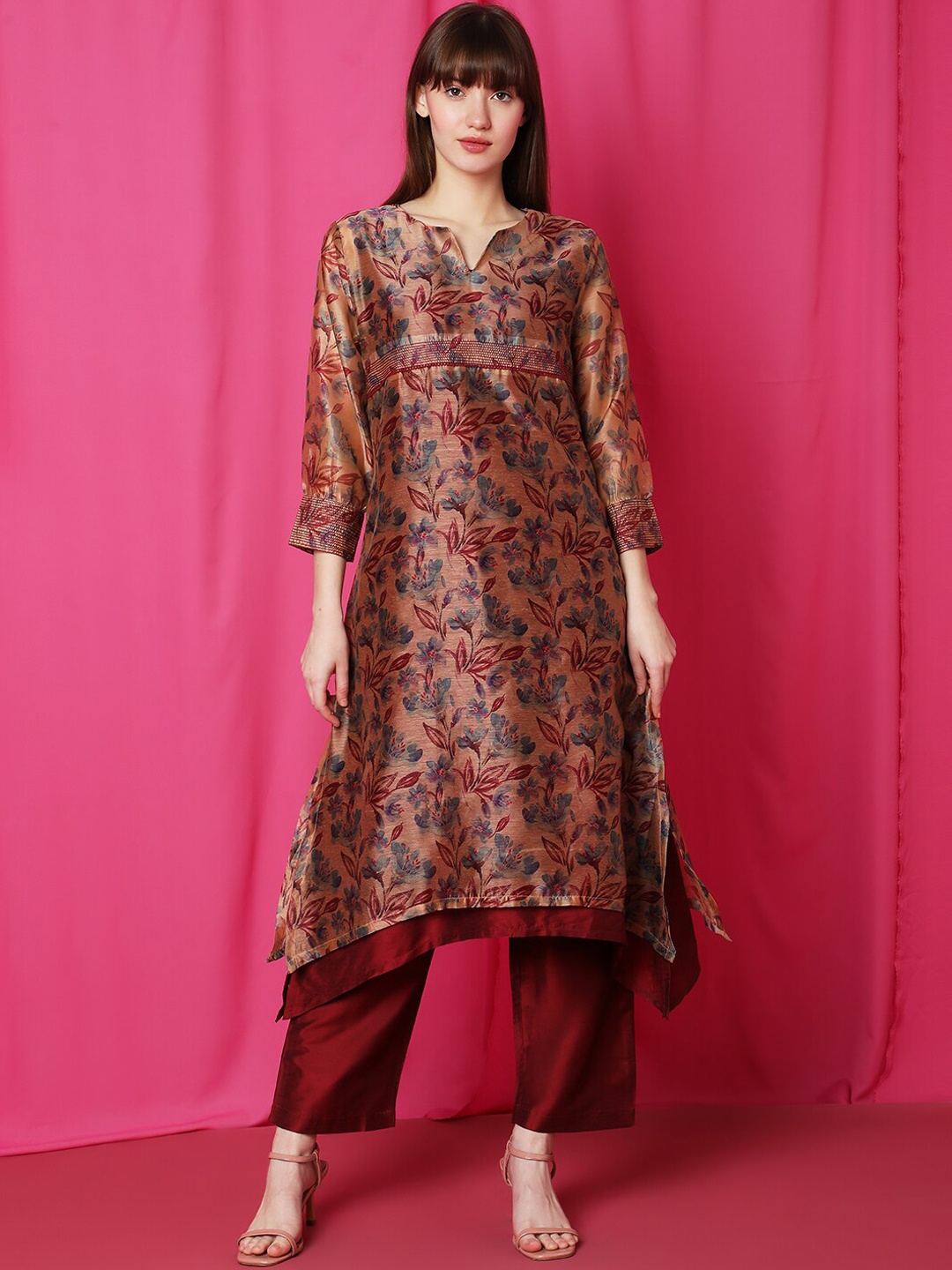 

Indifusion Floral Printed Layered A-Line Kurta with Trousers, Peach