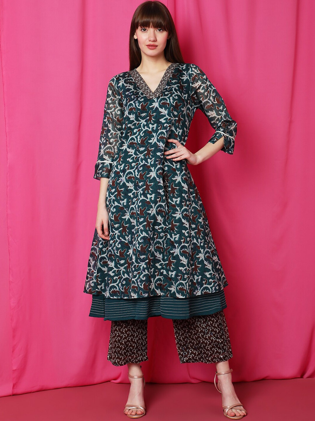 

Indifusion Ethnic Motifs Printed Layered A-Line Kurta with Trousers, Teal